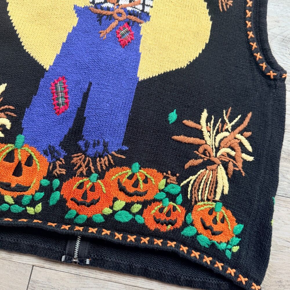 Vintage Halloween Sweater Vest Medium Pumpkin Bat Moon Tree 90s Novelty Knit - Picture 6 of 10